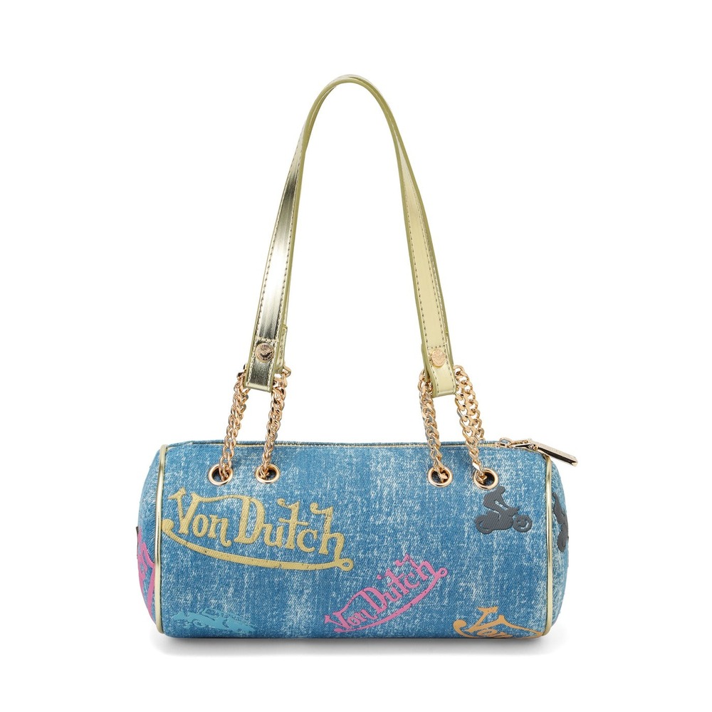 Von Dutch Denim Barrel Bag Y2K Blue Multi Logo Patch Gold Chain Strap Small - Picture 6 of 9
